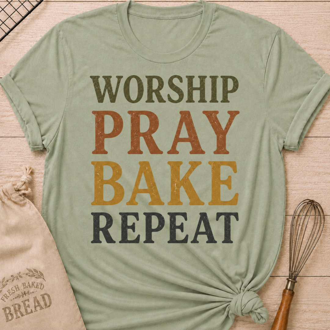 Sage Worship Pray Bake Repeat women's relaxed fit tee with bold stacked vintage typography in warm retro colors