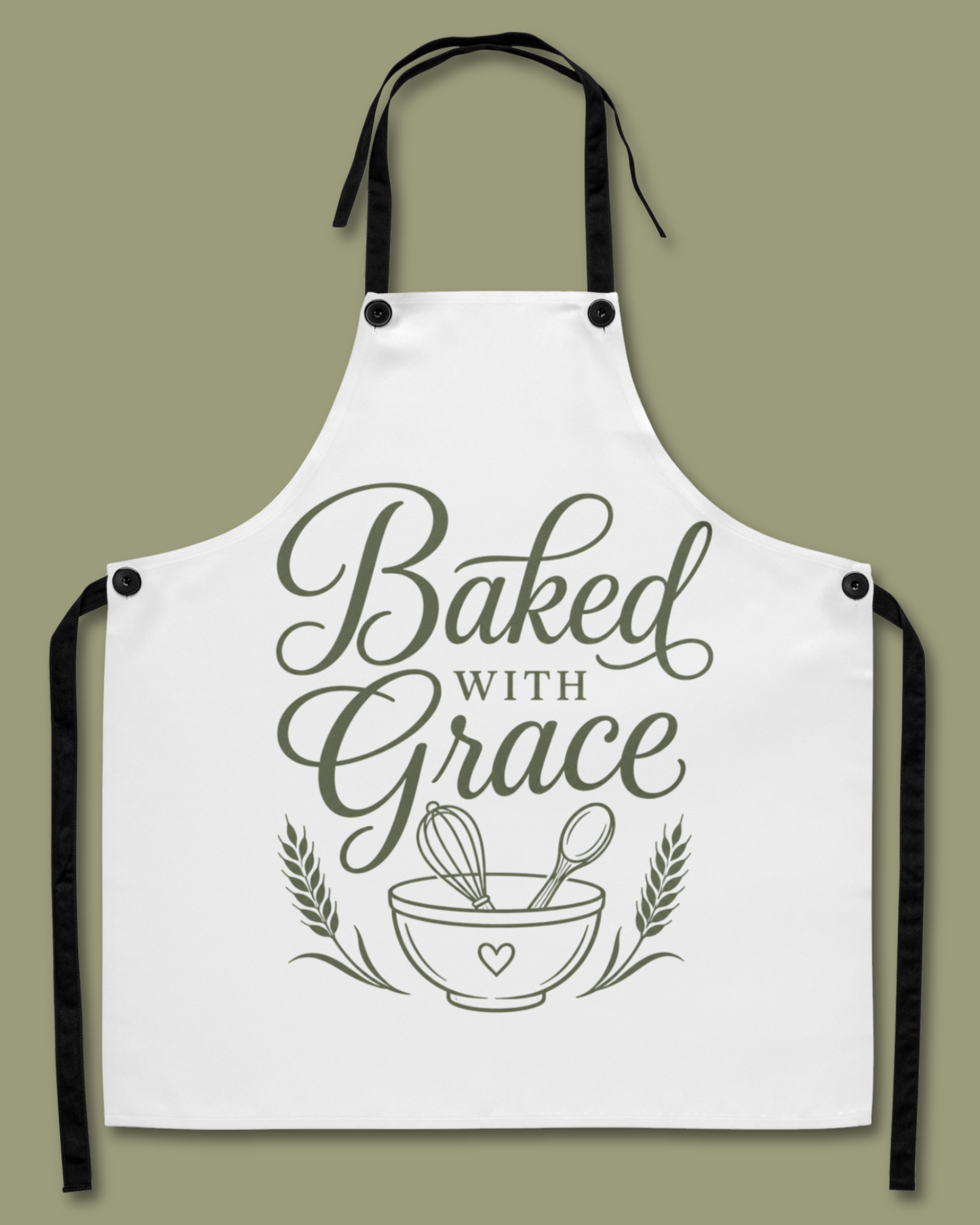 The Baked with Grace apron in simple white laid flat against a green background, showing the full design with Baked with Grace in dark script.