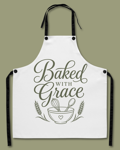 The Baked with Grace apron in simple white laid flat against a green background, showing the full design with Baked with Grace in dark script.