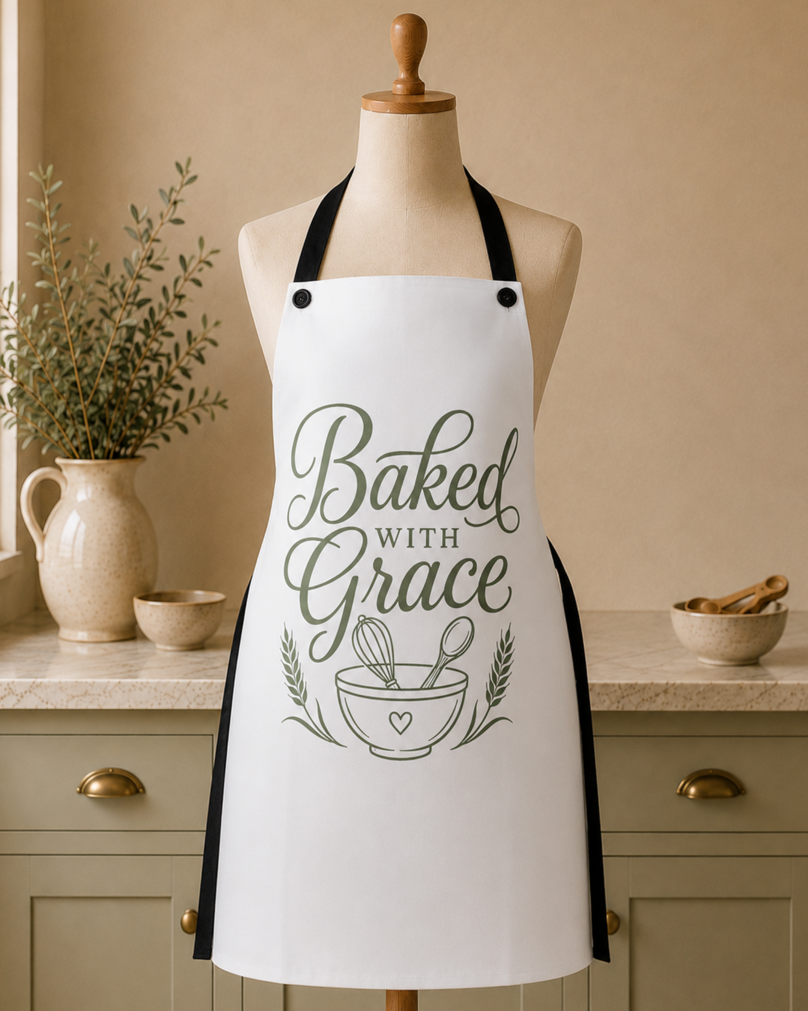 The Baked with Grace apron in simple white on a dress form in a kitchen, showing Baked with Grace in dark script with black adjustable straps.