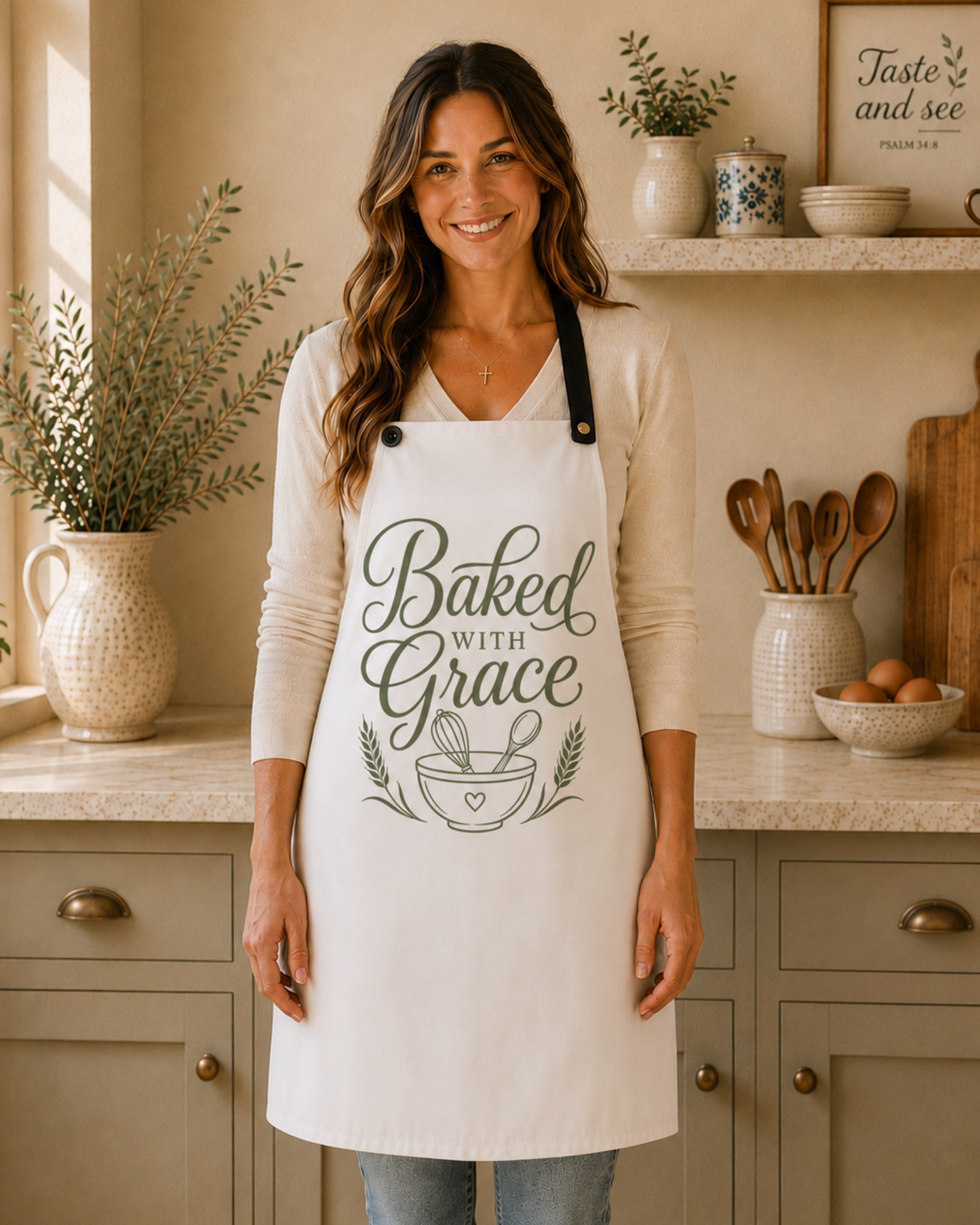 A woman wearing the Baked with Grace apron in simple white in a kitchen, with Baked with Grace in dark script across the front.
