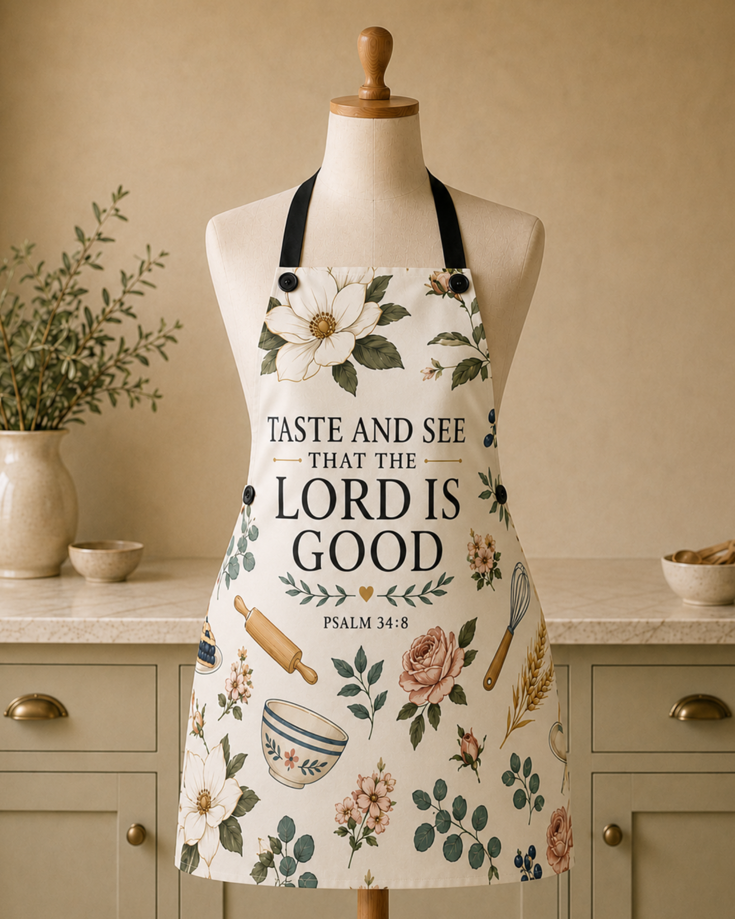 The Taste and See apron on a dress form in a warm kitchen. Cream fabric printed with magnolias, roses, eucalyptus, wheat, and baking tools around the words Taste and See That the Lord Is Good, Psalm 34:8, with black adjustable straps.
