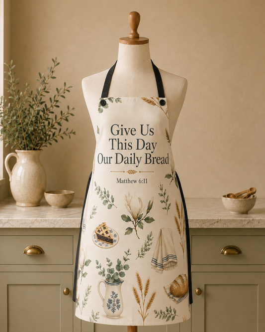 The Our Daily Bread Apron on a mannequin in a kitchen setting