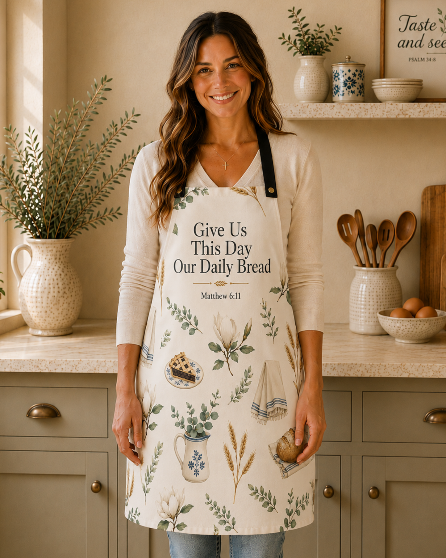 A woman wearing a cream-colored kitchen apron with a botanical and bread print, featuring the text 'Give Us This Day Our Daily Bread Matthew 6:11'. She is standing in a warm, rustic kitchen with beige walls, wooden cabinets, and kitchen utensils.