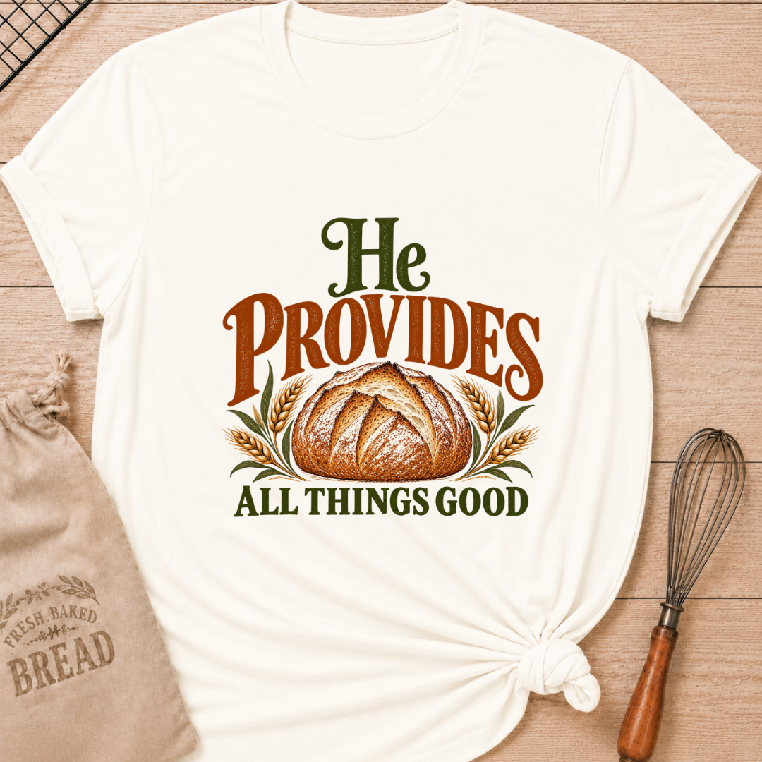 Vintage White women's relaxed fit tee with a rustic artisan loaf framed by golden wheat and earthy vintage He Provides All Things Good lettering