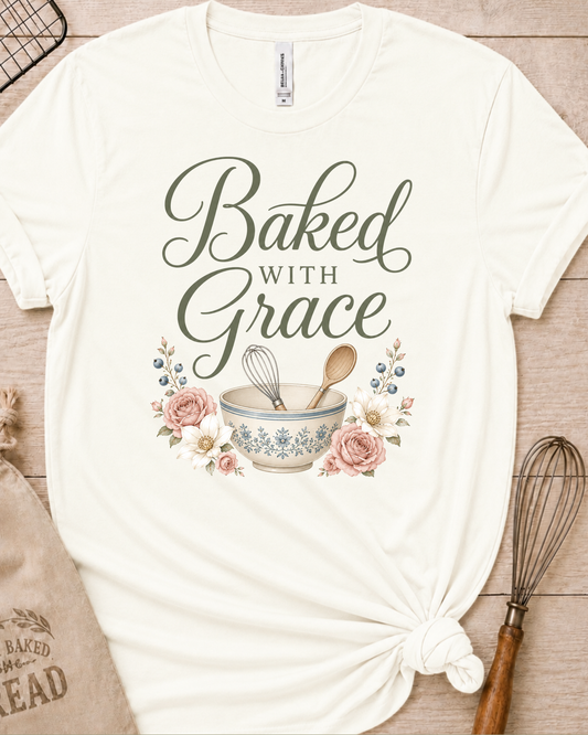 Vintage white women's relaxed fit t-shirt with Baked with Grace in script surrounded by soft blue watercolor florals.