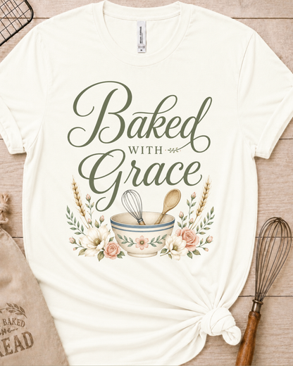 Vintage white women's relaxed fit t-shirt with Baked with Grace in script surrounded by golden wheat stalks and soft watercolor florals.