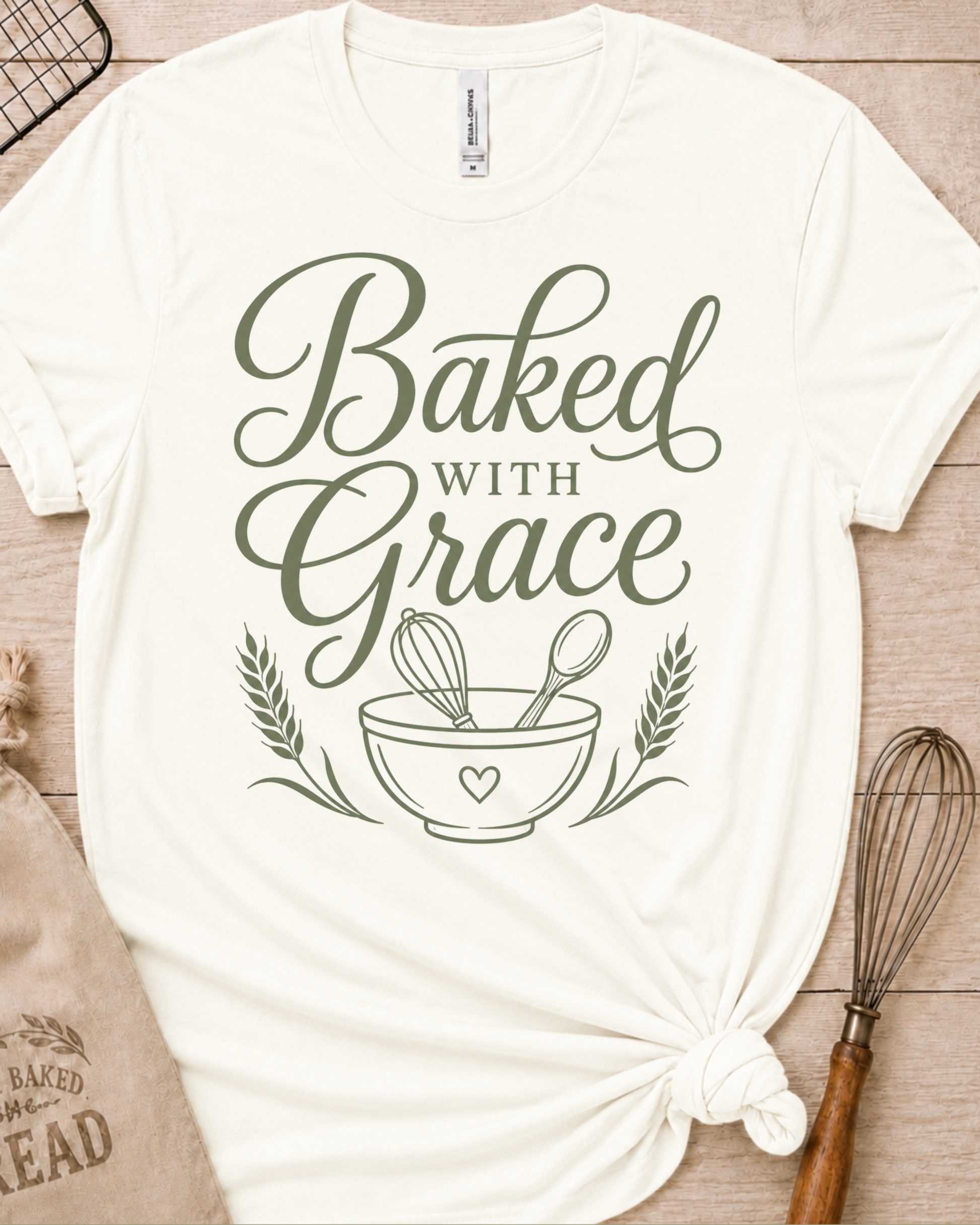 Vintage white women's relaxed fit t-shirt with Baked with Grace in green script above a mixing bowl with a whisk and wooden spoon.