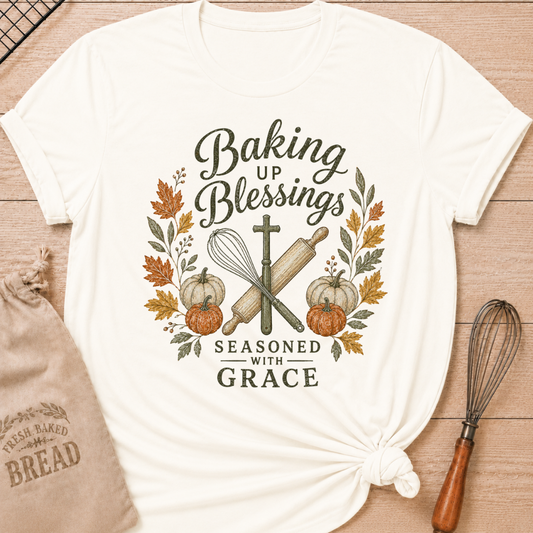 Vintage White women's relaxed fit tee with graceful vintage Baking Up Blessings, Seasoned With Grace lettering over a cross, whisk and rolling pin framed by pumpkins and richly colored fall leaves