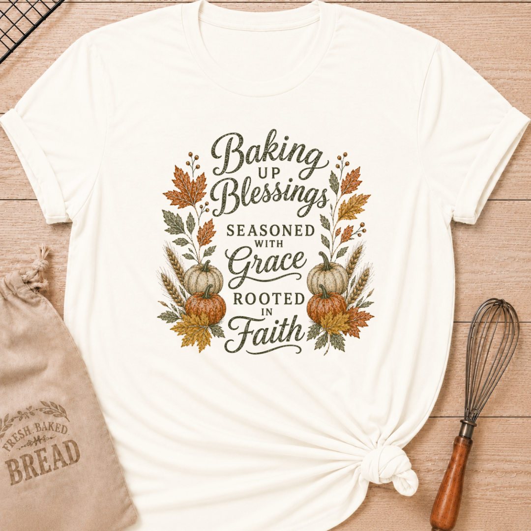 Vintage White women's relaxed fit tee with elegant vintage Baking Up Blessings, Seasoned With Grace, Rooted in Faith lettering framed by ivory and orange pumpkins, golden wheat and richly colored fall leaves