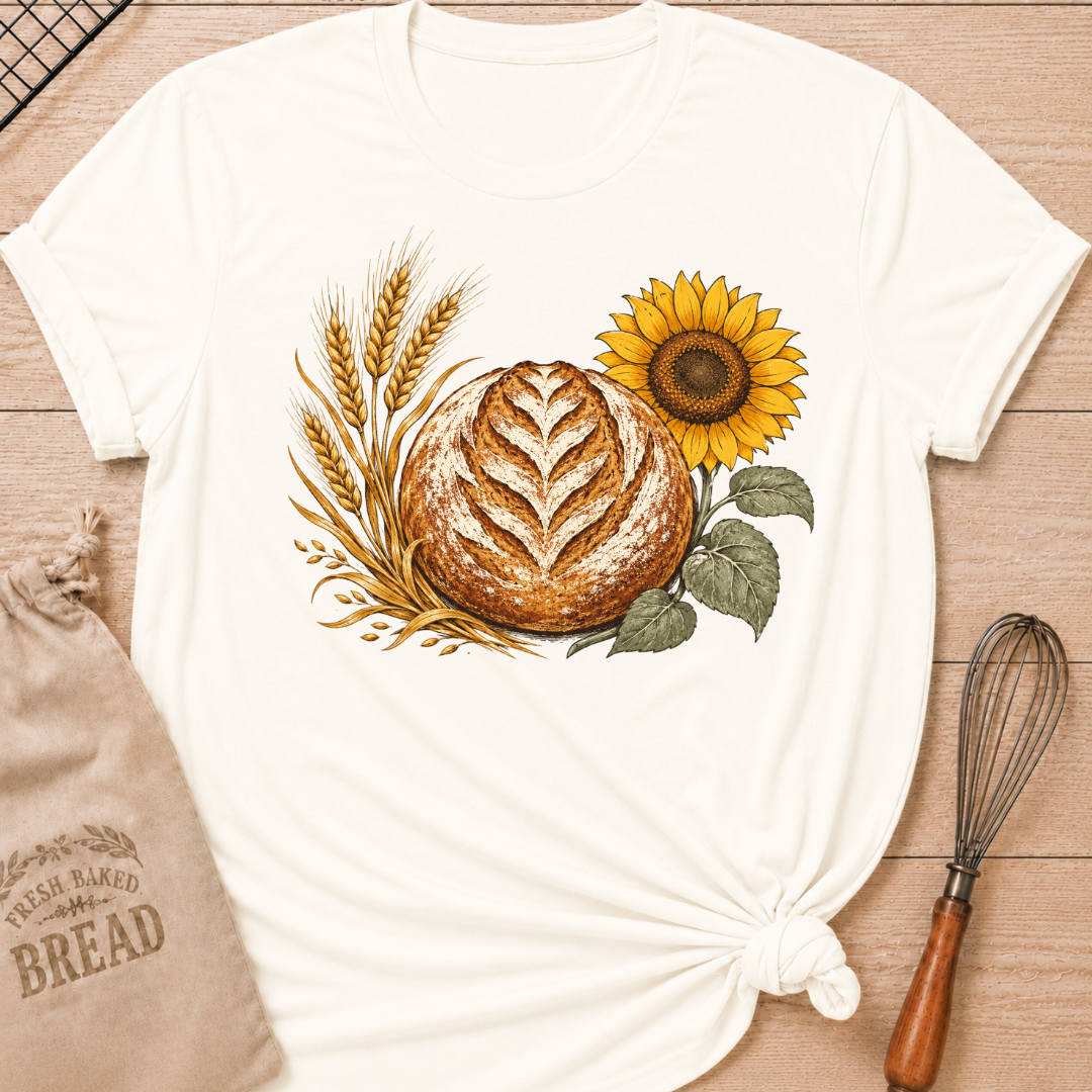 Vintage White Bread, Wheat and Sunflower women's relaxed fit tee with a hand-scored artisan loaf, golden wheat, and a sunflower