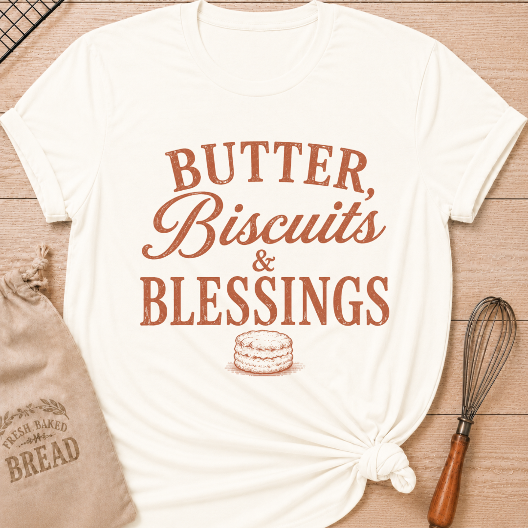 Vintage White Butter, Biscuits and Blessings women's relaxed fit tee with vintage typography and a classic biscuit illustration