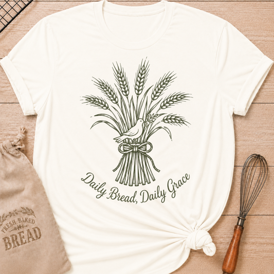 Vintage white women's relaxed fit t-shirt with a tied bundle of wheat and a dove and the words Daily Bread, Daily Grace.