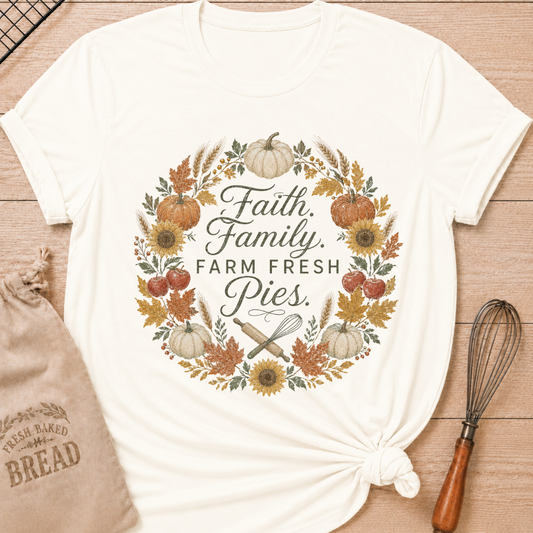 Women's relaxed fit graphic tee in Vintage White with "Faith, Family, Farm Fresh Pies" design, featuring warm farmhouse-inspired typography on a soft off-white shirt