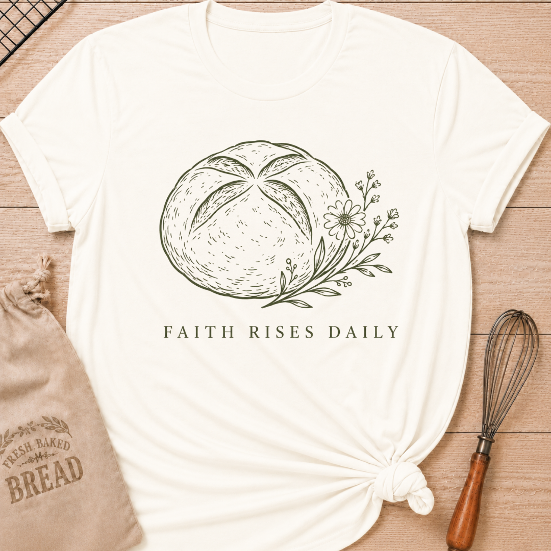 Vintage white women's relaxed fit t-shirt with the words Faith Rises Daily above a scored loaf of bread and delicate wildflowers.