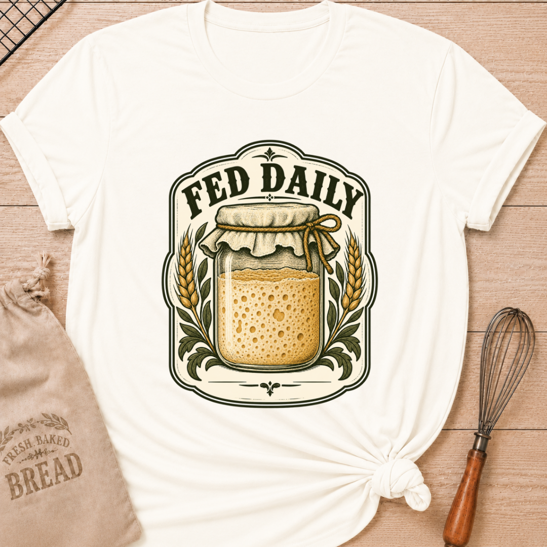 Vintage White women's relaxed fit tee with a bubbly sourdough starter jar framed by golden wheat and leafy accents in a vintage bakery label, with Fed Daily lettering