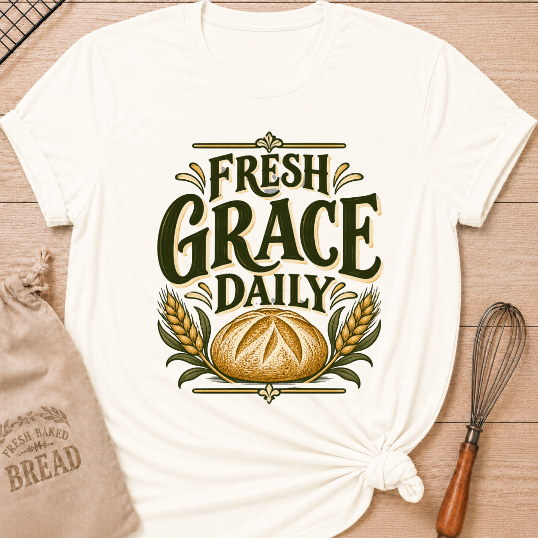Vintage White women's relaxed fit tee with bold vintage Fresh Grace Daily lettering above a golden artisan loaf framed by wheat and leafy accents