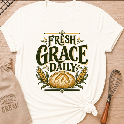 Vintage White women's relaxed fit tee with bold vintage Fresh Grace Daily lettering above a golden artisan loaf framed by wheat and leafy accents