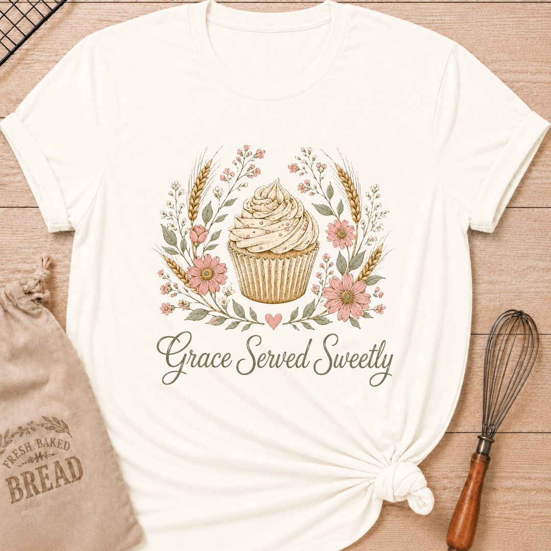 Vintage white women's relaxed fit t-shirt with a frosted cupcake framed by soft pink flowers, wheat and greenery.