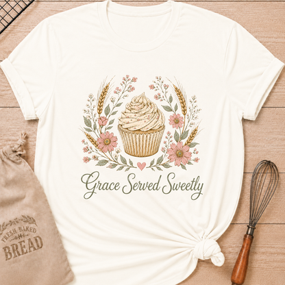 Vintage white women's relaxed fit t-shirt with a frosted cupcake framed by soft pink flowers, wheat and greenery.