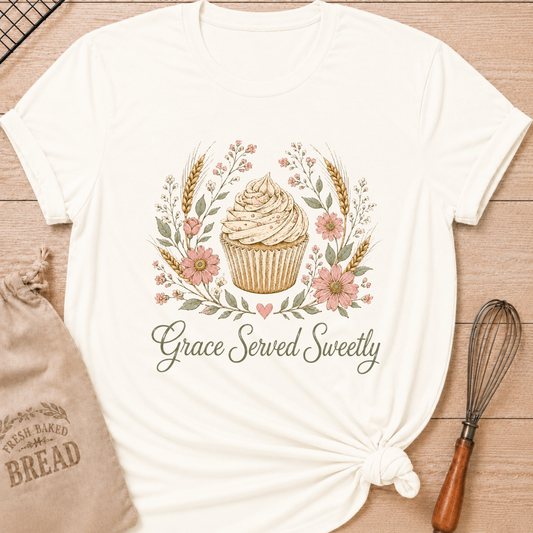 Vintage white women's relaxed fit t-shirt with a frosted cupcake framed by soft pink flowers, wheat and greenery.