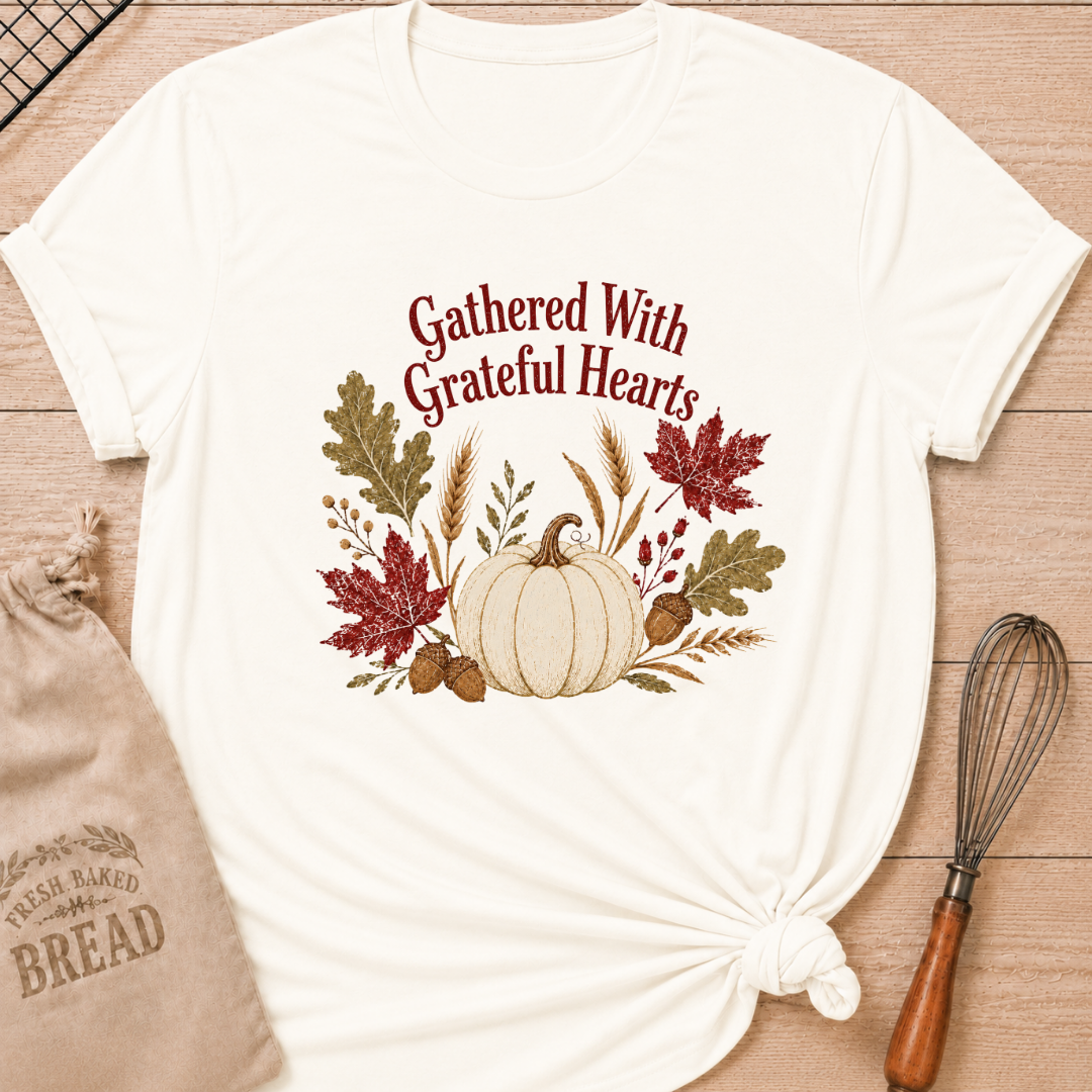 Vintage White women's relaxed fit tee with Gathered With Grateful Hearts lettering above a soft ivory pumpkin surrounded by wheat, acorns, berries and richly colored autumn leaves