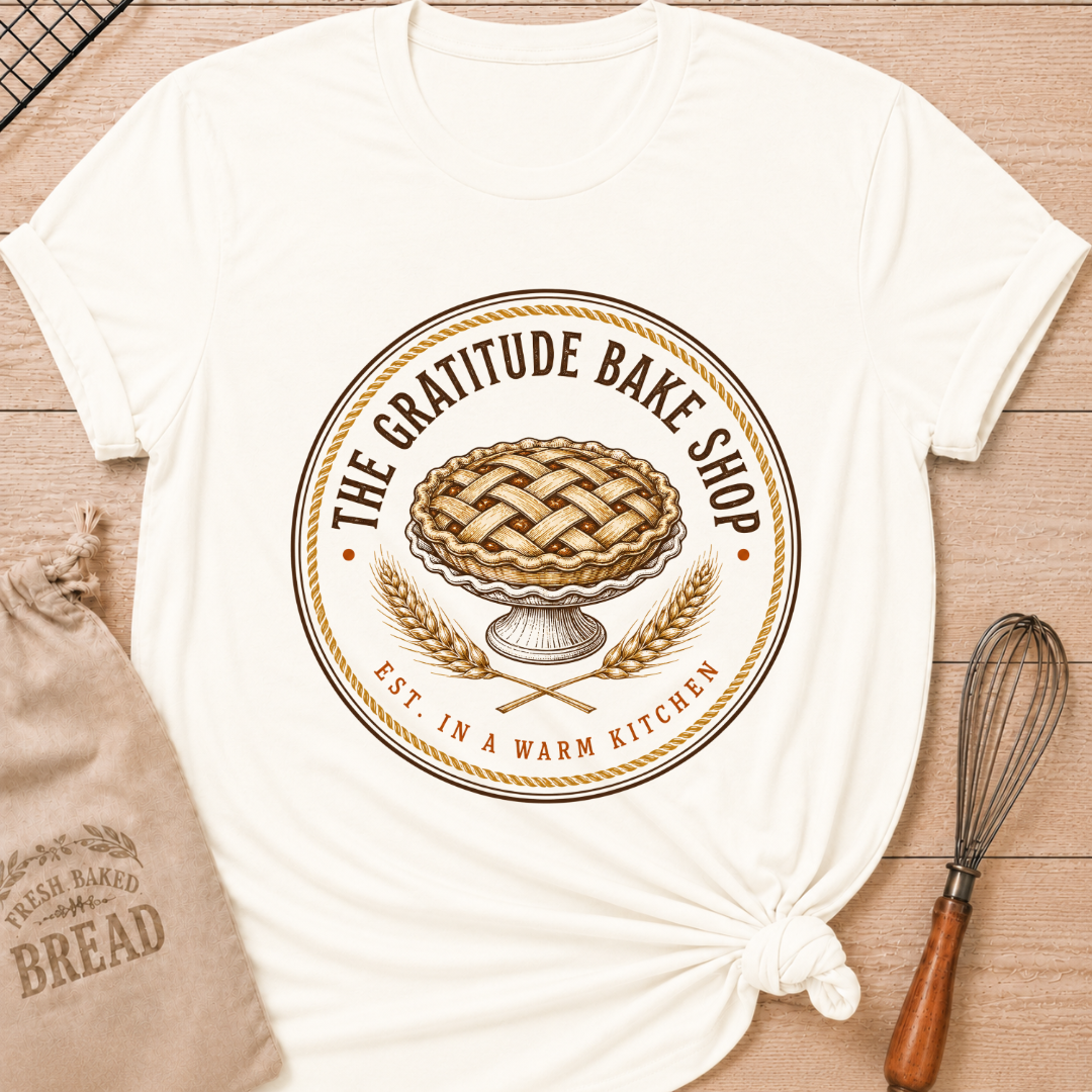Vintage White women's relaxed fit tee with a vintage round bake shop emblem, lattice pie and golden wheat
