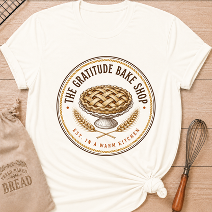 Vintage White women's relaxed fit tee with a vintage round bake shop emblem, lattice pie and golden wheat