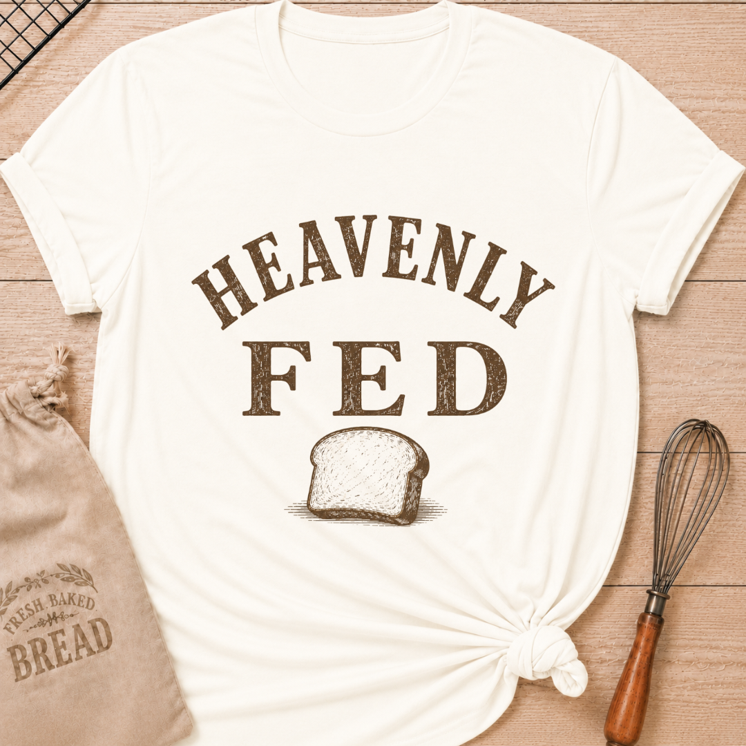Vintage White Heavenly Fed women's relaxed fit tee with bold vintage lettering and a slice of homemade bread