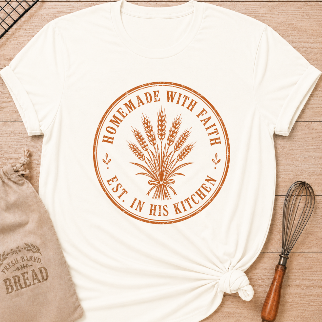 Vintage white women's relaxed fit t-shirt with the words Homemade with Faith in a vintage market emblem around a tied bundle of wheat.