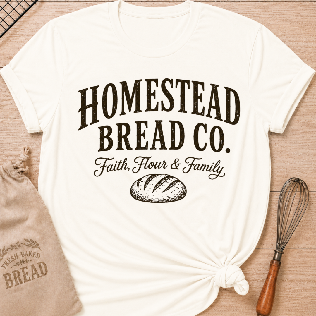 Vintage white women's relaxed fit t-shirt with a vintage bread graphic and the words Homestead Bread Co. Faith, Flour and Family.