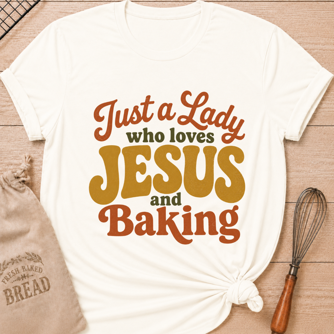 Vintage White Just A Lady Who Loves Jesus And Baking women's relaxed fit tee with playful retro typography in warm vintage colors