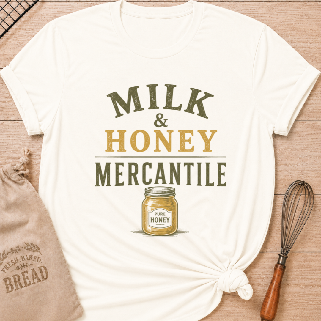 Vintage White Milk and Honey Mercantile women's relaxed fit tee with vintage lettering and a classic jar of pure honey