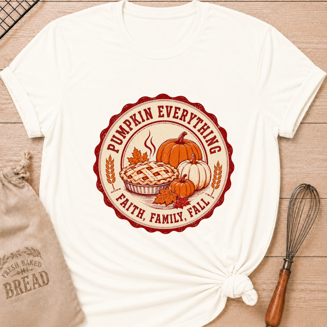 Vintage White women's relaxed fit tee with a steaming lattice pie surrounded by pumpkins, autumn leaves and wheat in a vintage harvest badge, with Pumpkin Everything and Faith, Family, Fall lettering