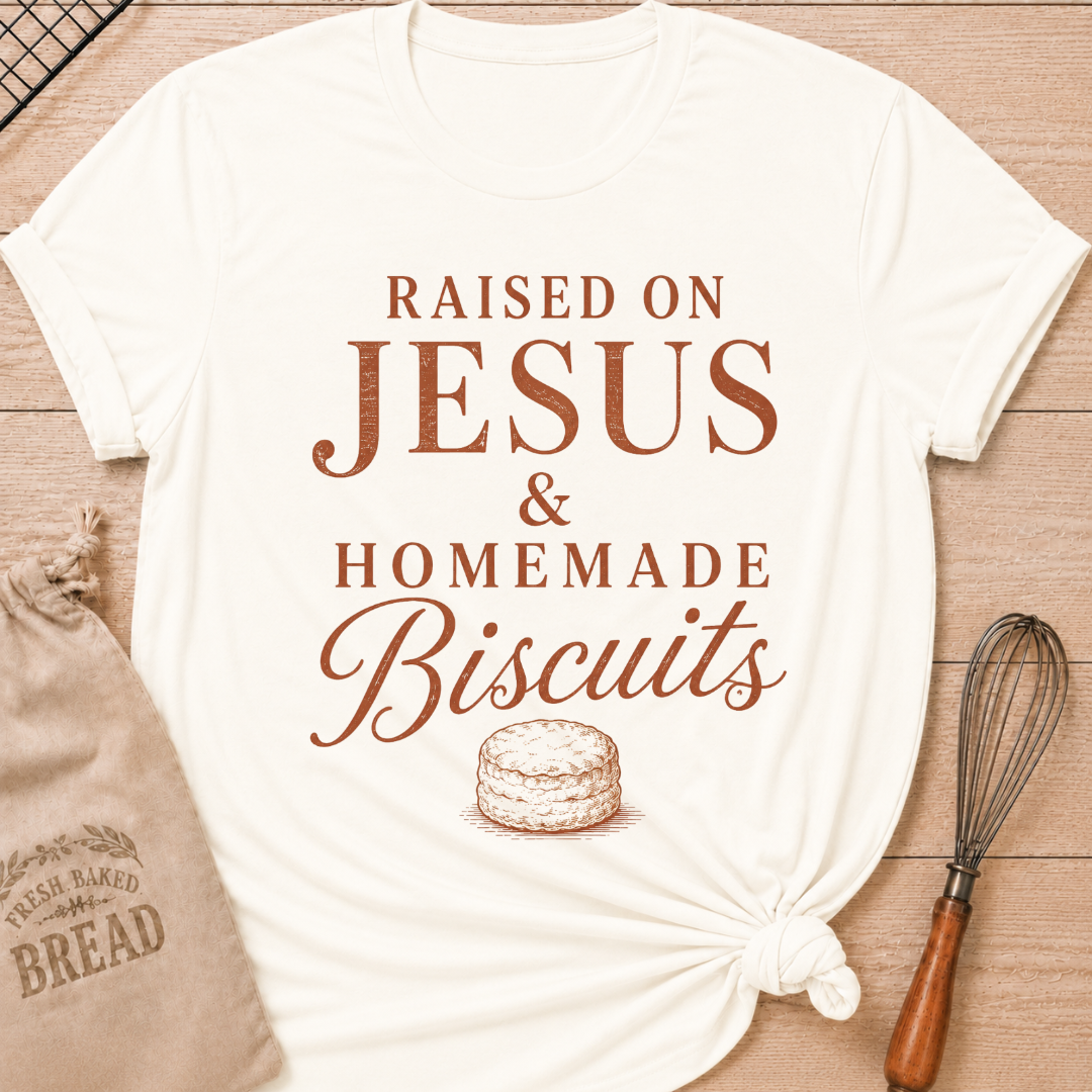 Vintage White Raised On Jesus and Homemade Biscuits women's relaxed fit tee with warm vintage typography and a classic biscuit