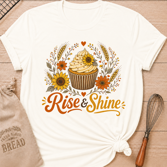 A vintage white graphic t-shirt styled with a knotted hem, laid flat on a light wood background with a drawstring bread bag and a whisk. The shirt features a warm, vintage-inspired illustration of a frosted cupcake surrounded by sunflowers, orange daisy-like flowers, wheat stalks, berry sprigs, and heart accents, with the words "Rise & Shine" written below in bold retro script in orange and golden yellow.