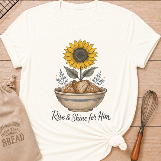 Vintage White Rise and Shine For Him women's relaxed fit tee with a rustic loaf of bread, a bold sunflower, and vintage farmhouse details