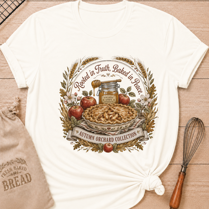 Vintage White women's relaxed fit tee with Rooted in Truth, Baked in Peace lettering over a rustic apple pie, fresh apples, golden wheat, autumn leaves and a jar of honey in a vintage harvest composition