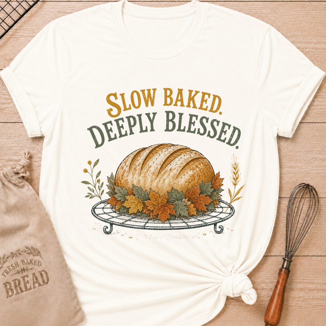 Vintage White women's relaxed fit tee with Slow Baked Deeply Blessed lettering over a golden artisan loaf resting on a vintage cooling rack, surrounded by richly colored fall leaves and wheat