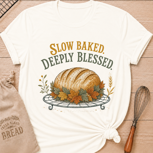 Vintage White women's relaxed fit tee with Slow Baked Deeply Blessed lettering over a golden artisan loaf resting on a vintage cooling rack, surrounded by richly colored fall leaves and wheat