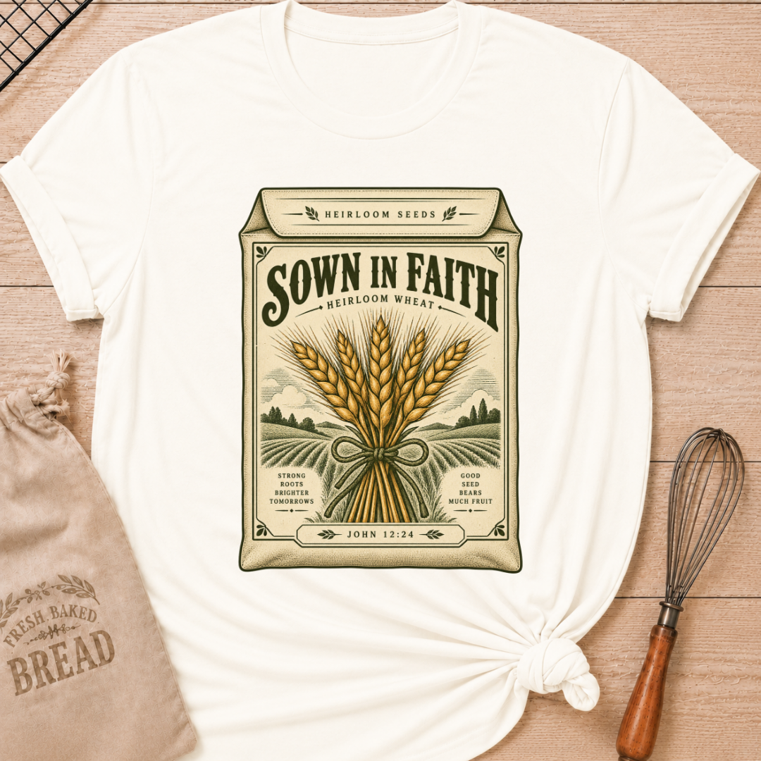 Vintage White women's relaxed fit tee with a vintage heirloom seed packet design, golden wheat, rolling fields and John 12:24 woven into the artwork beneath Sown in Faith lettering