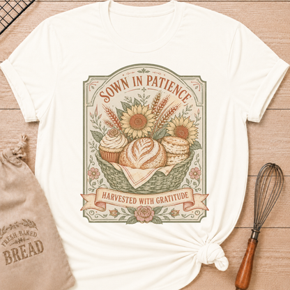 Vintage White Sown In Patience, Harvested In Gratitude women's relaxed fit tee with a vintage basket of bread, biscuits, cupcakes, sunflowers, and wheat