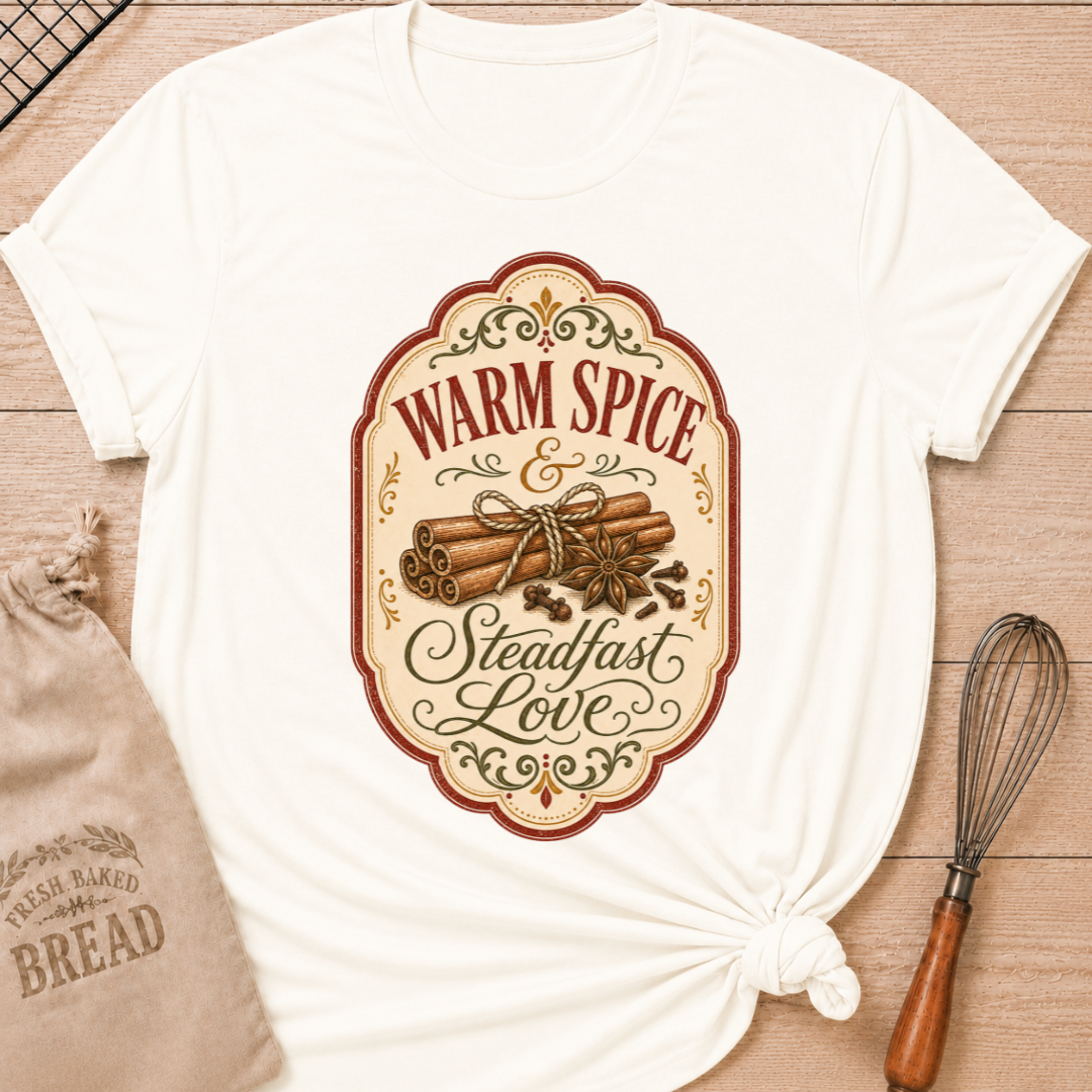 Vintage White women's relaxed fit tee with vintage label styling, cinnamon sticks, star anise and cloves in autumn tones