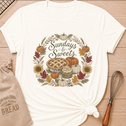 Vintage White women's relaxed fit tee with Sundays and Sweets lettering in a vintage harvest wreath of pumpkins, sunflowers, wheat and colorful fall leaves around a lattice pie and frosted cupcake