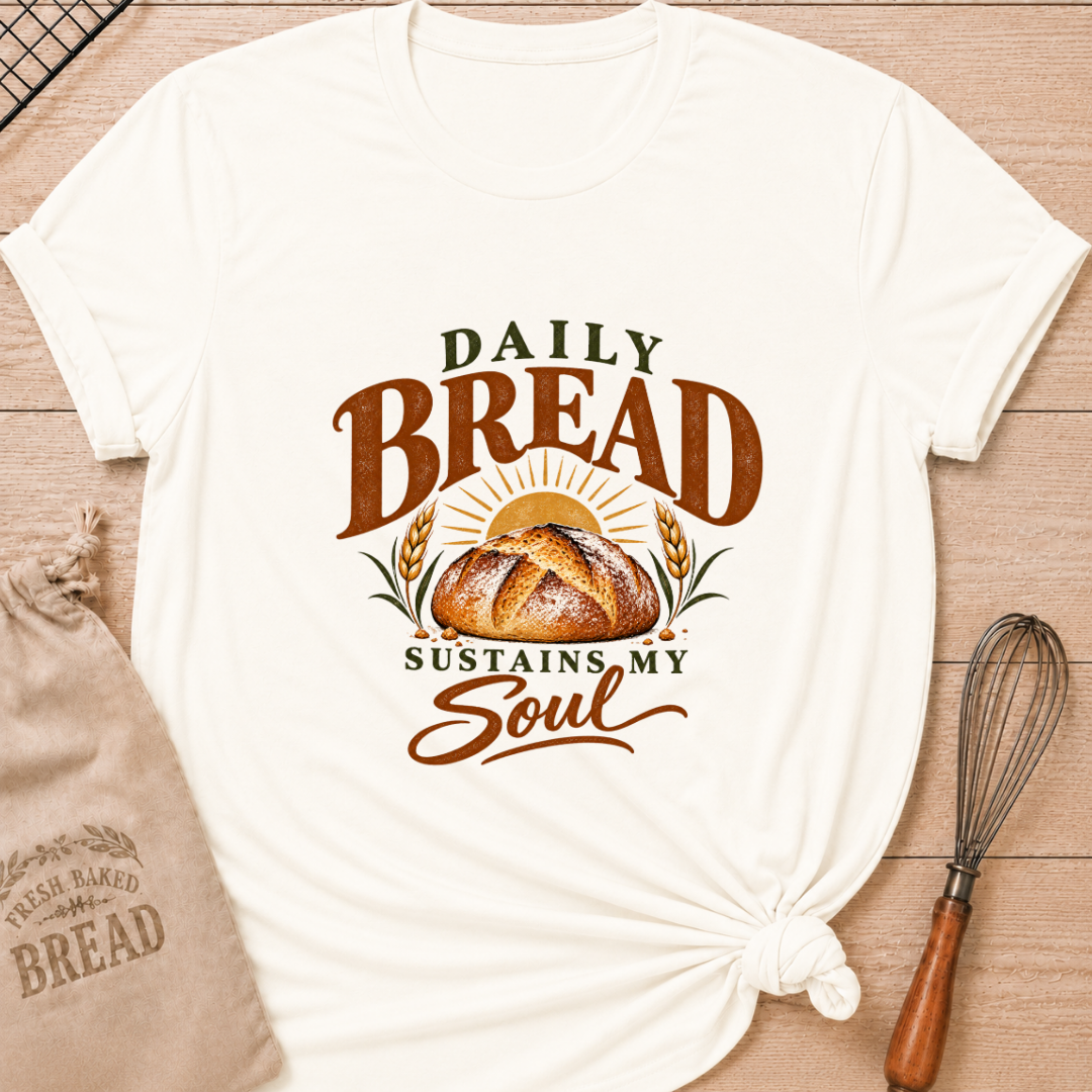Vintage White women's relaxed fit tee with Daily Bread Sustains My Soul lettering around a golden artisan loaf beneath a rising sun, framed by wheat in rich earthy tones