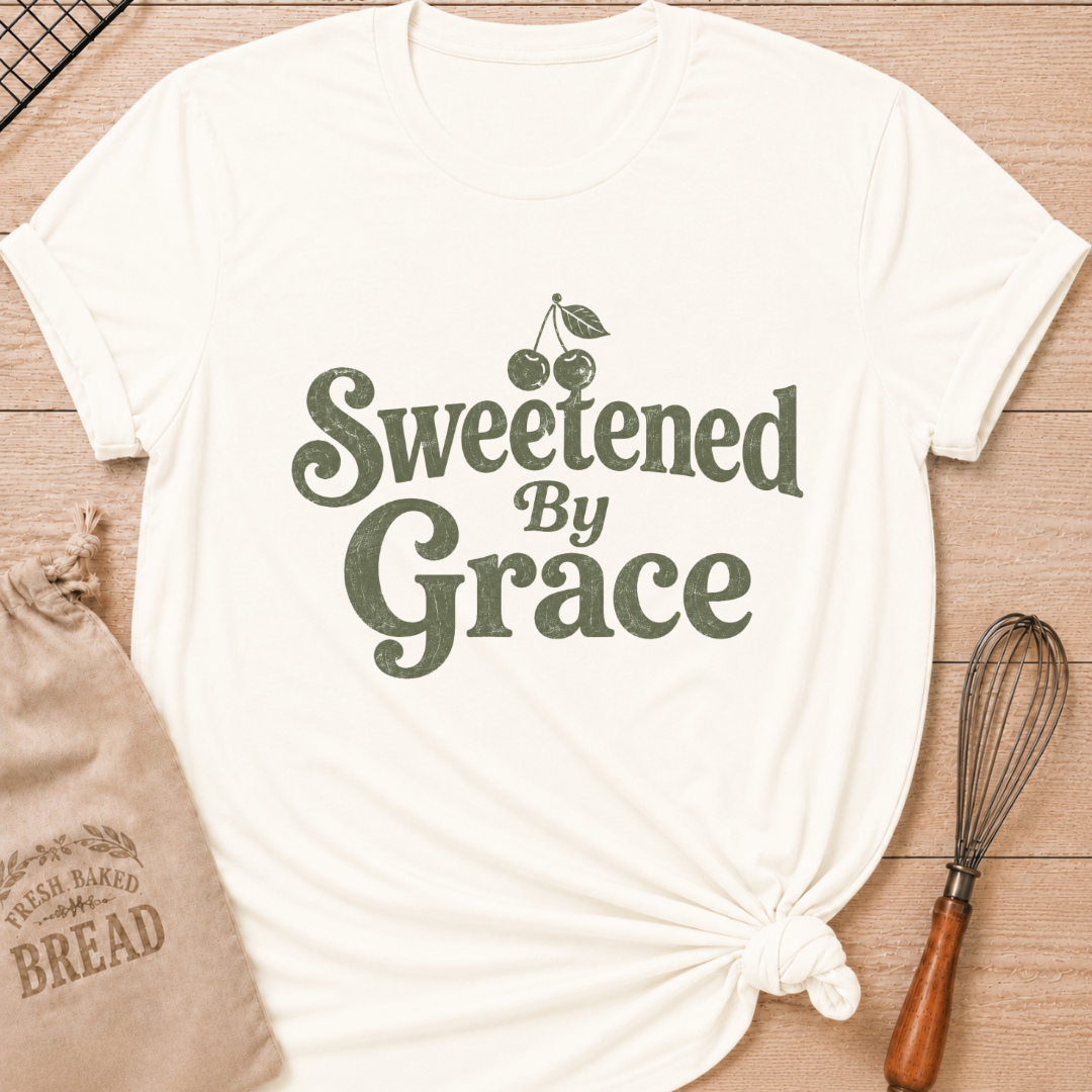 Vintage white women's relaxed fit t-shirt with the words Sweetened by Grace in playful vintage lettering and a cherry.