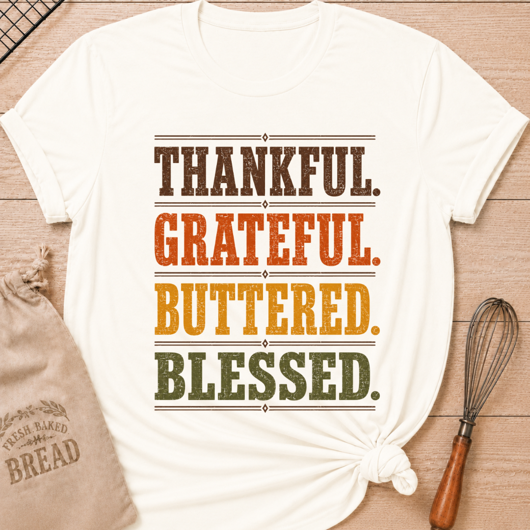 Vintage White women's relaxed fit tee with bold distressed Thankful Grateful Buttered Blessed lettering stacked in warm harvest brown, orange, gold and olive