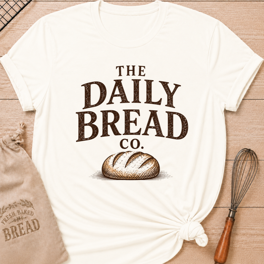 Vintage White The Daily Bread Co. women's relaxed fit tee with bold vintage lettering and a scored artisan loaf