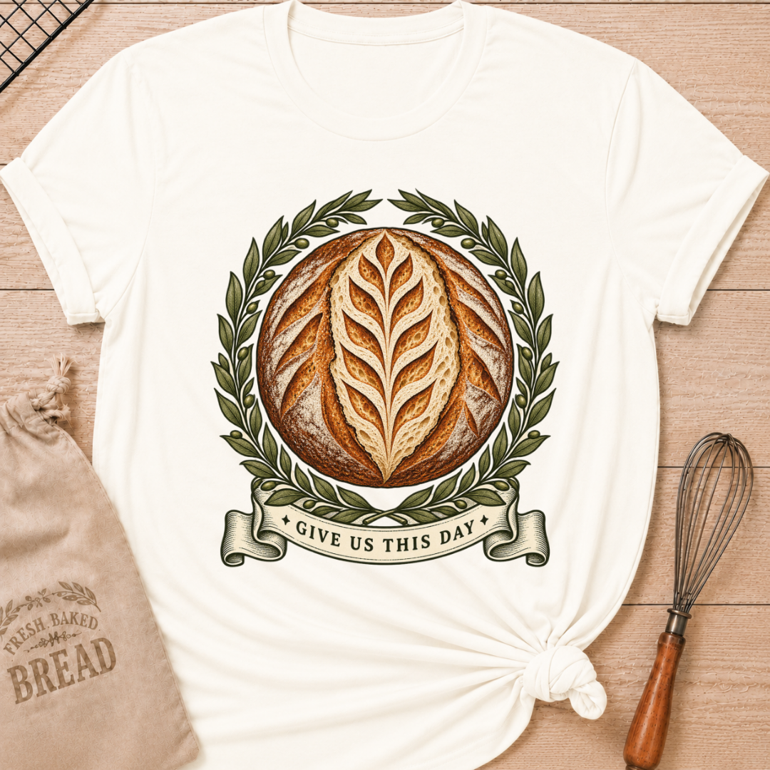 Vintage White women's relaxed fit tee with a scored artisan loaf framed by olive branches, finished with a vintage banner reading Give Us This Day
