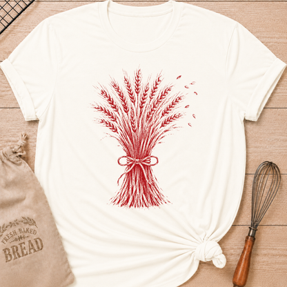 Vintage White women's relaxed fit tee with a hand-tied sheaf of wheat in a warm vintage red, with delicate grain details and a softly distressed finish